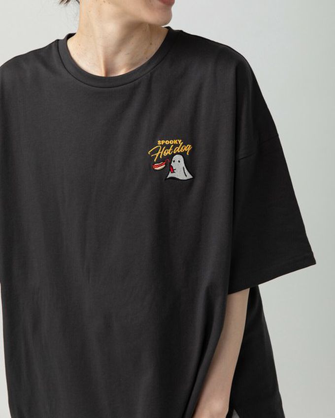 日本 gleam - 幽靈熱狗美式印花寬大風短袖T恤-燕麥灰