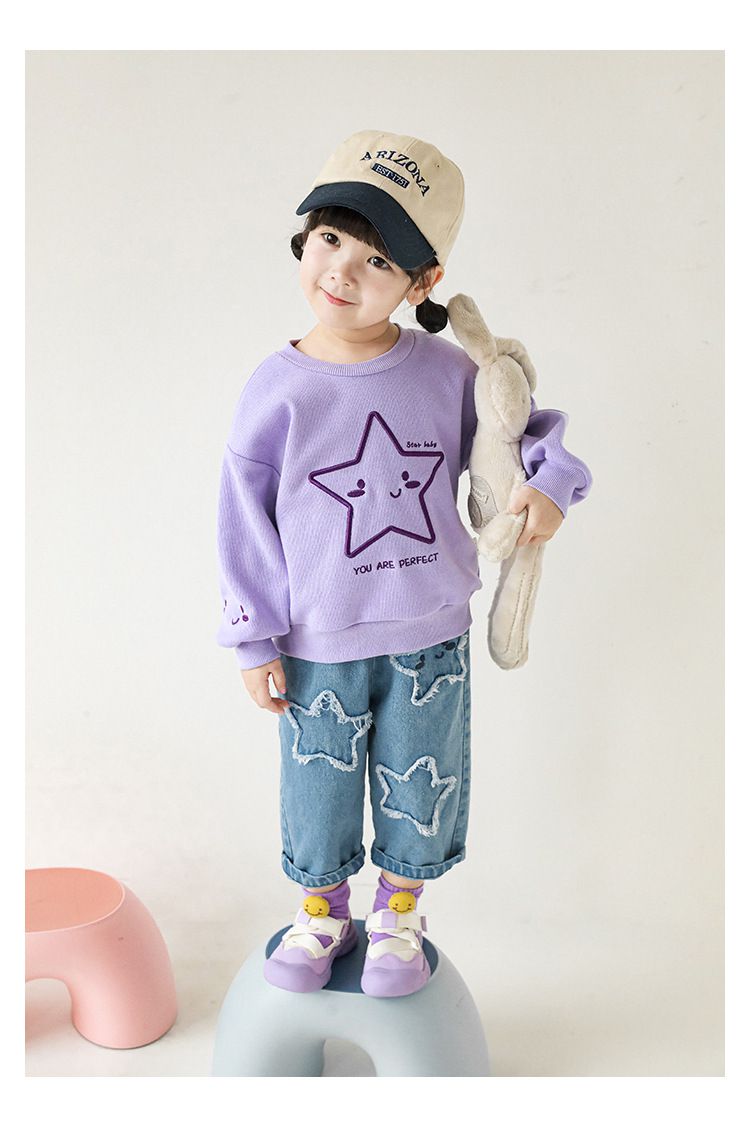 針織刺繡圓領長袖上衣-星星-米白色