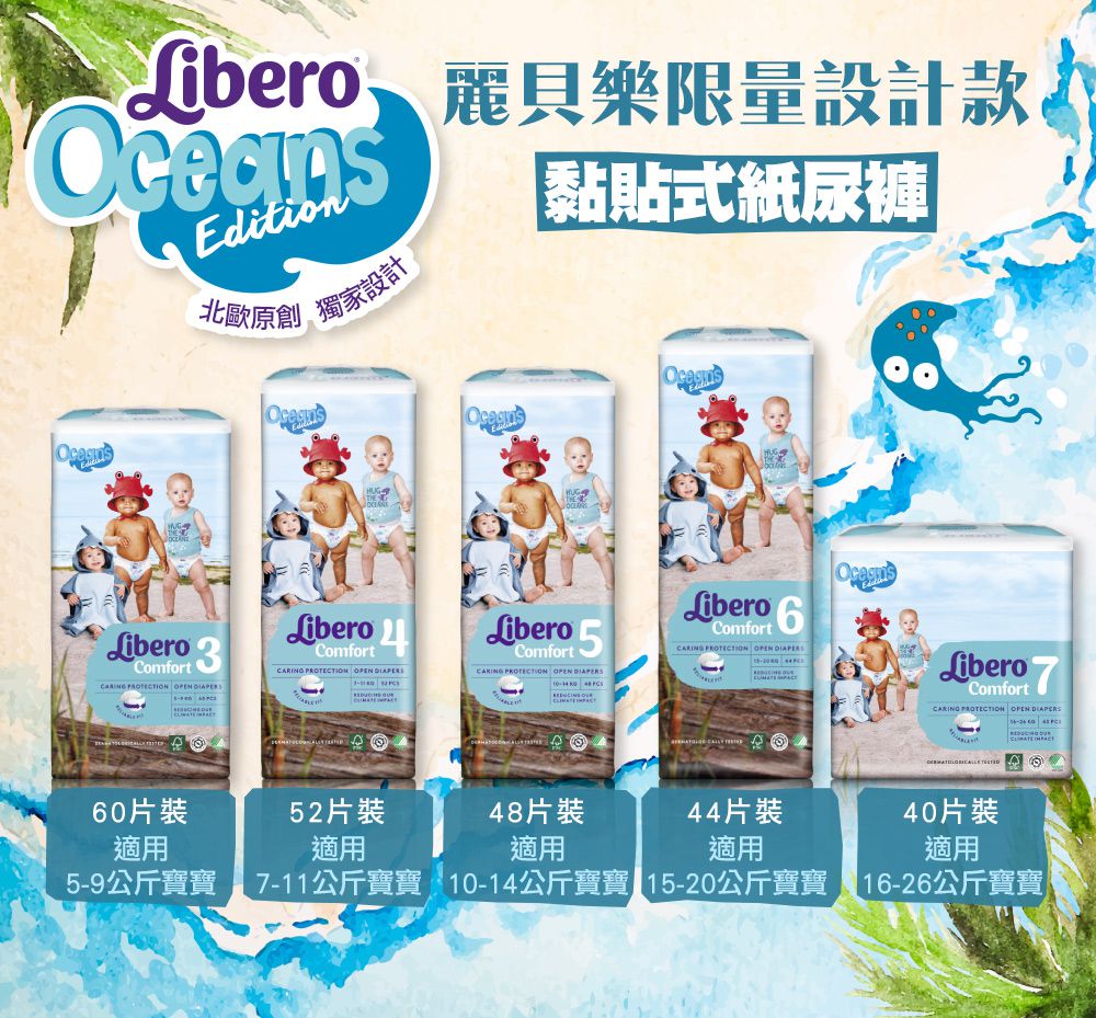 麗貝樂 Libero - 嬰兒尿布/紙尿褲-擁抱海洋 年度限量款 歐洲原裝進口-北歐限量設計款 (XL/6號)-44片×4包