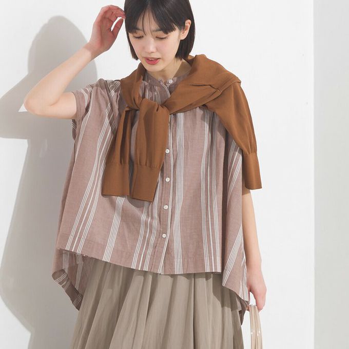 日本 OMNES - 100%印度棉 輕盈寬版襯衫式上衣-條紋-棕