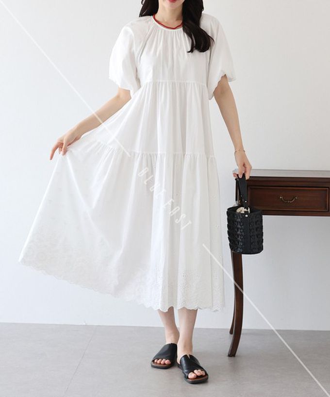 日本 BLUE EAST - 100%棉 下擺精緻蕾絲泡泡短袖洋裝-白