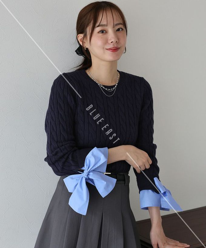 日本 BLUE EAST - 亮麗蝴蝶結緞帶袖麻花針織上衣-象牙白