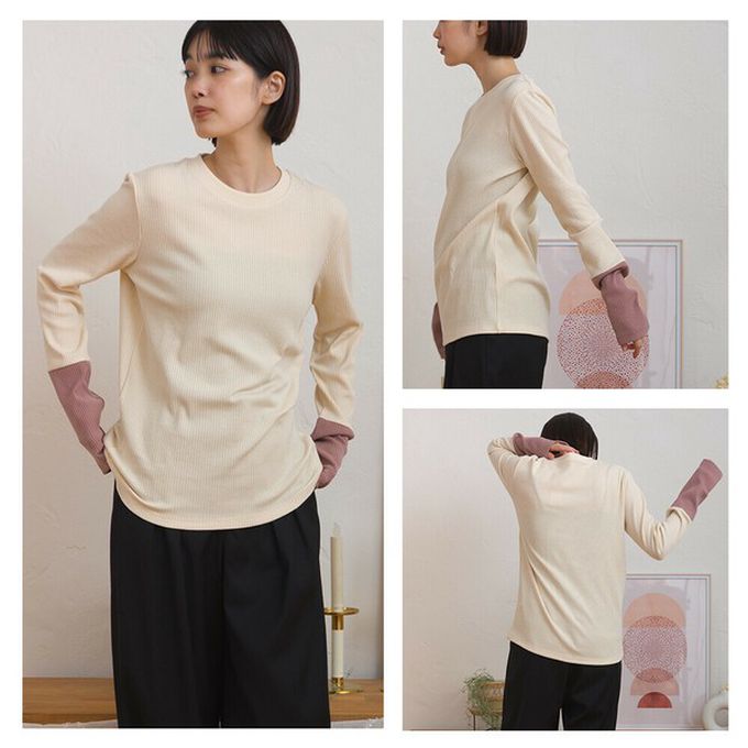 日本 OMNES - 低調簡約雙色羅紋長袖上衣-米白x粉