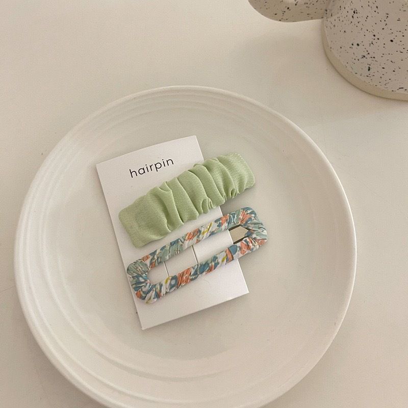 小清新碎花布藝髮夾2入組-綠色