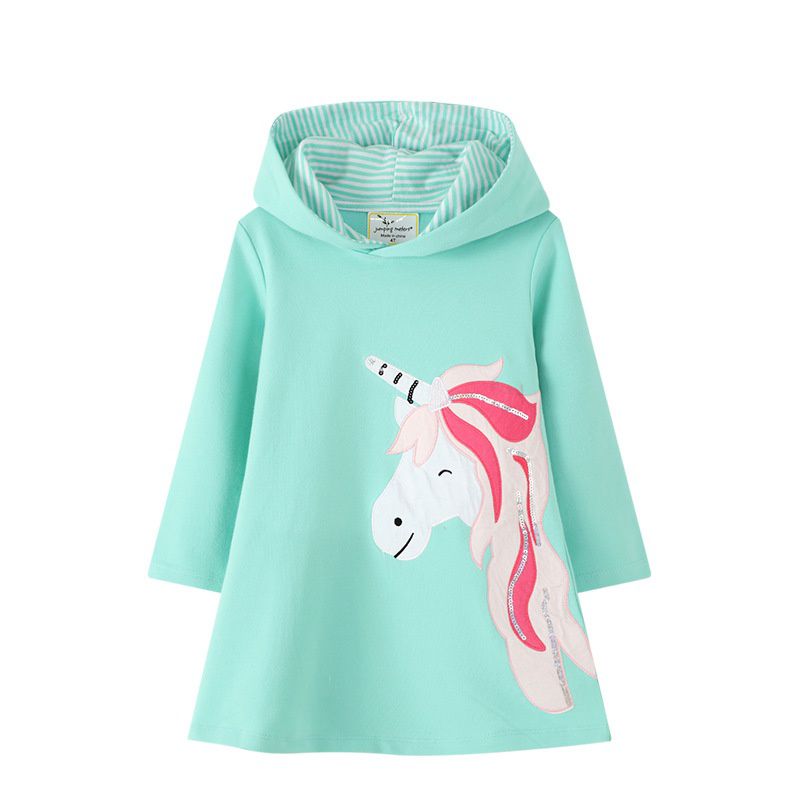 Jumping meters - 連帽棉質長袖連身大學T-微笑獨角獸-果綠色