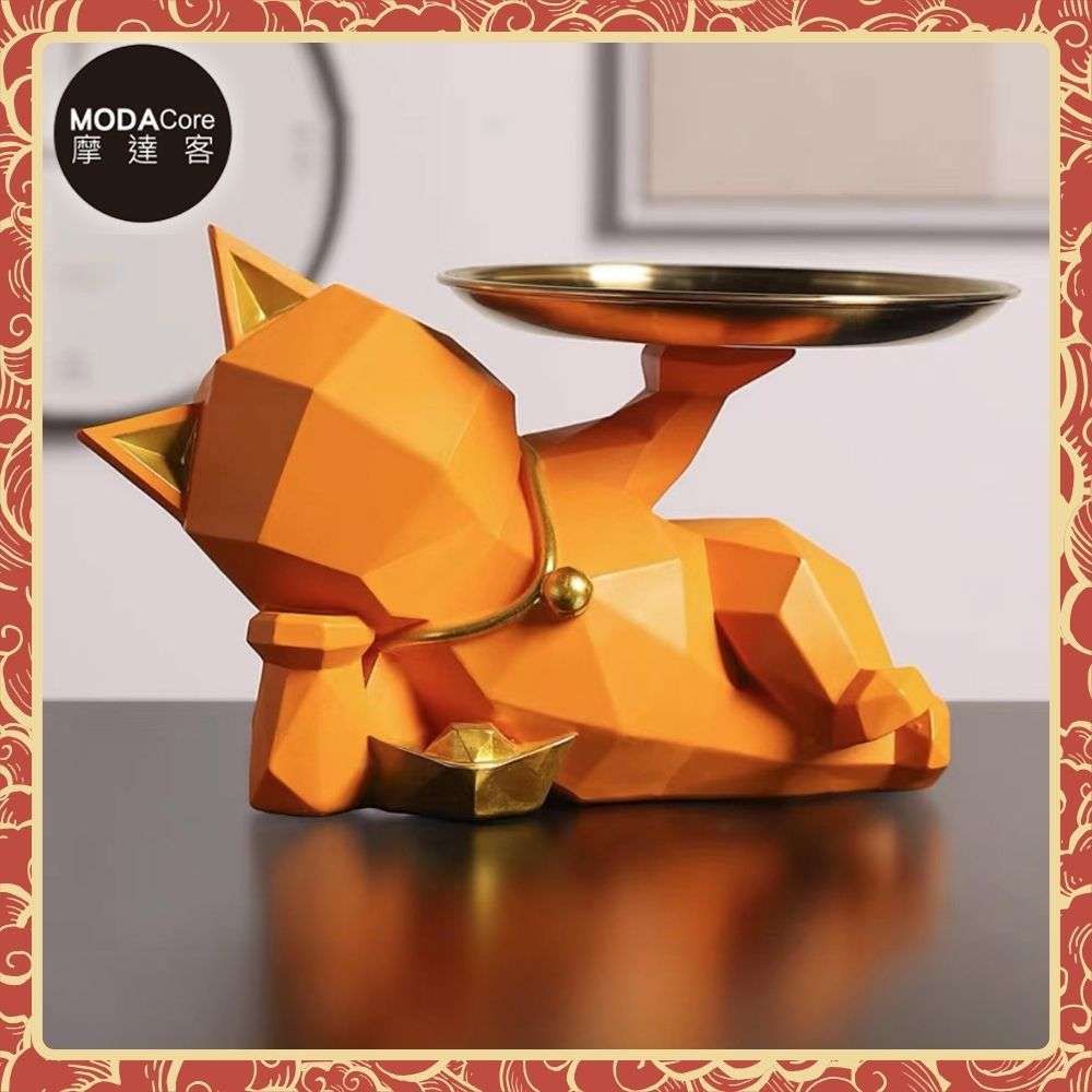 ◉開運招財◉現代藝術橘色設計師斜躺捧金盤迎賓招財貓-開運喵星人擺飾 時尚藝術 事業開店禮品