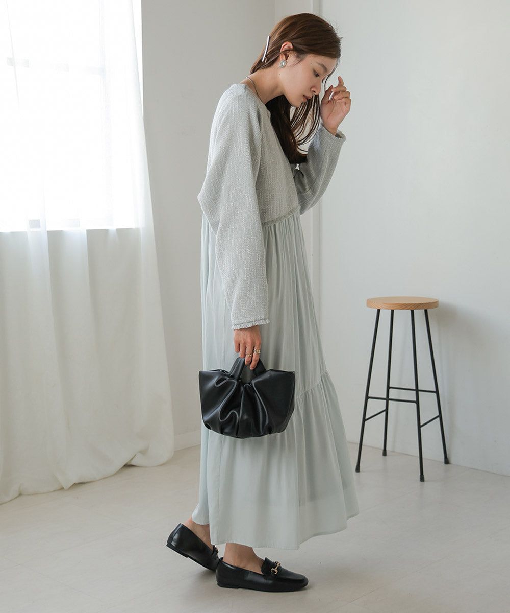 日本 Bab - 仙氣花呢異材質拼接長袖洋裝-黑