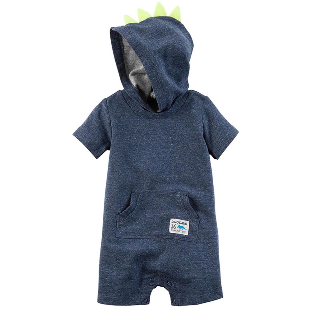 美國 Carter's - 嬰幼兒短袖連帽連身衣-深藍恐龍