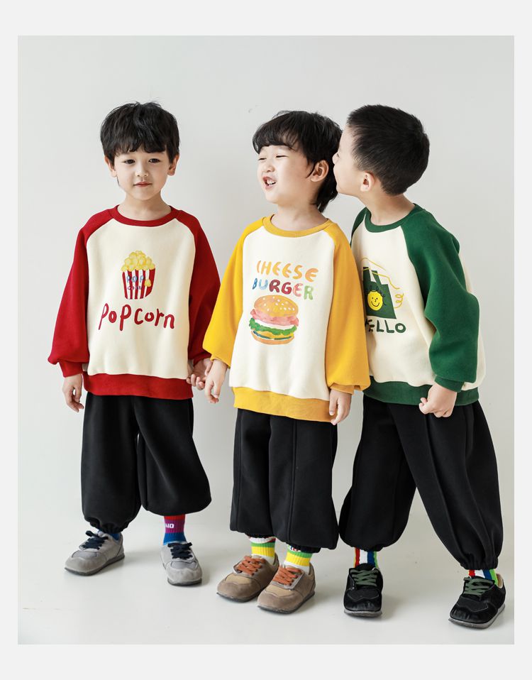 TONGMO - (加絨)卡通圓領保暖長袖上衣/大學T-漢堡-黃+米白