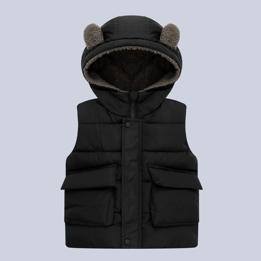 WELLKIDS - 加絨造型暖暖連帽背心-熊熊耳朵-黑色