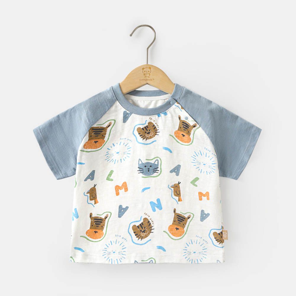 純棉圓領短袖上衣-可愛動物塗鴉-藍色拼袖