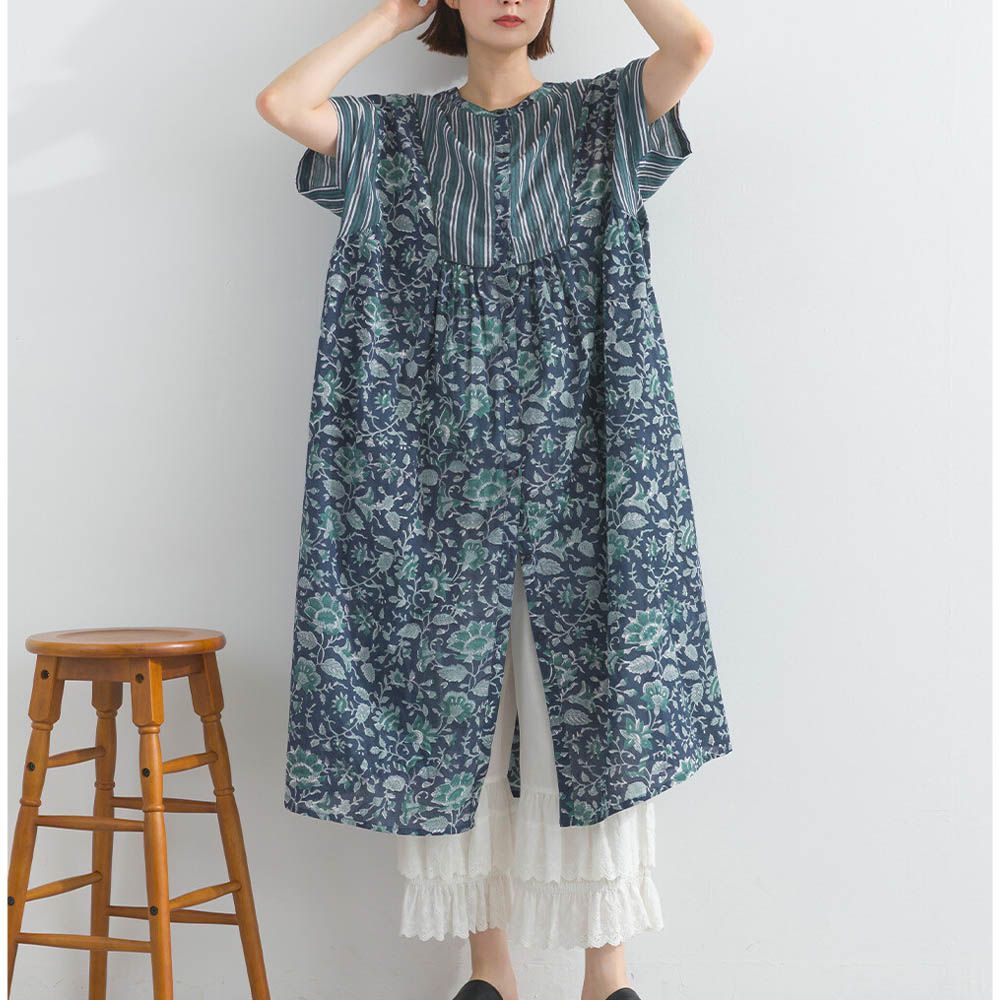 前後2way 自然風花卉印度棉輕盈洋裝-海軍藍