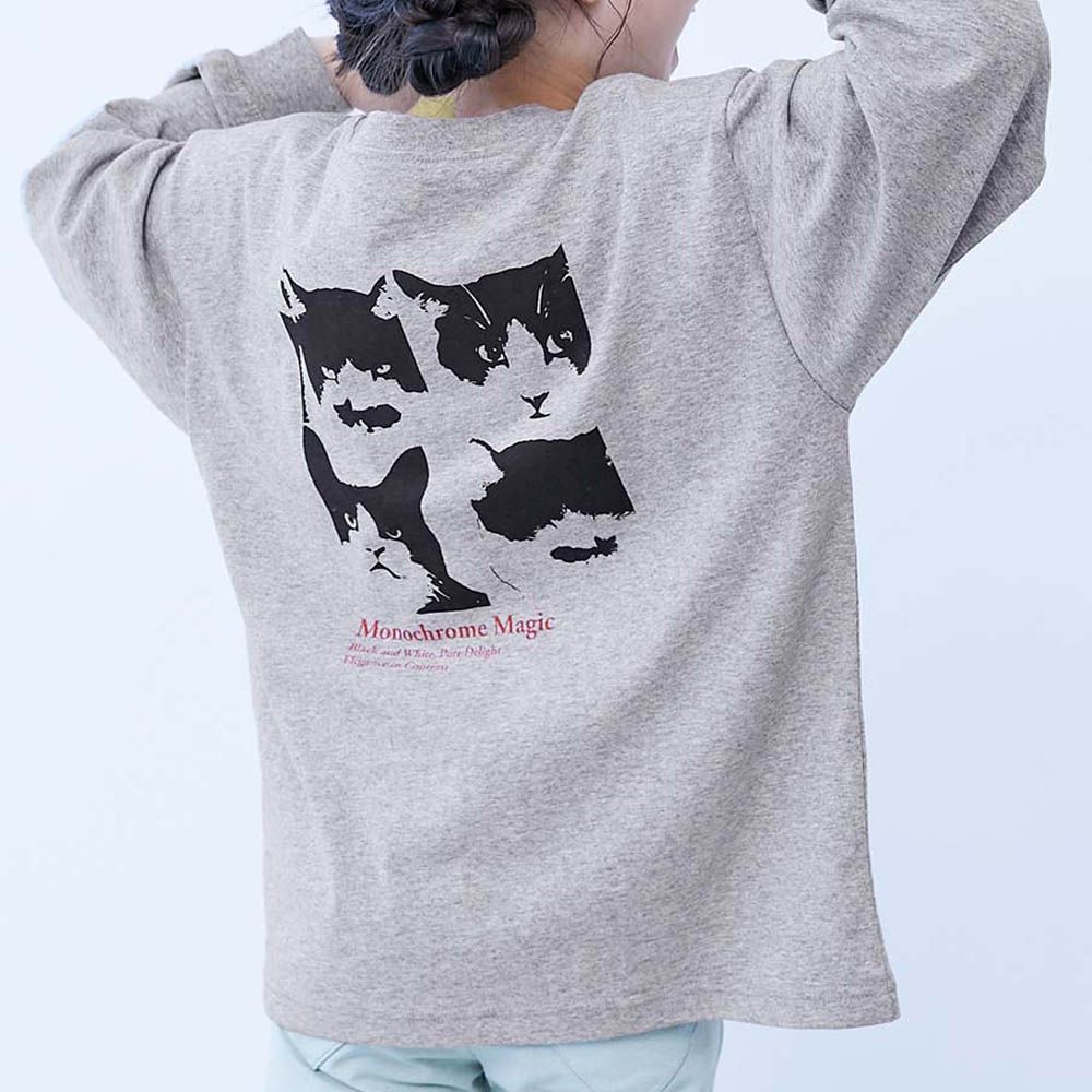 100%棉 定番女孩印花長袖上衣-四格貓咪-雜灰