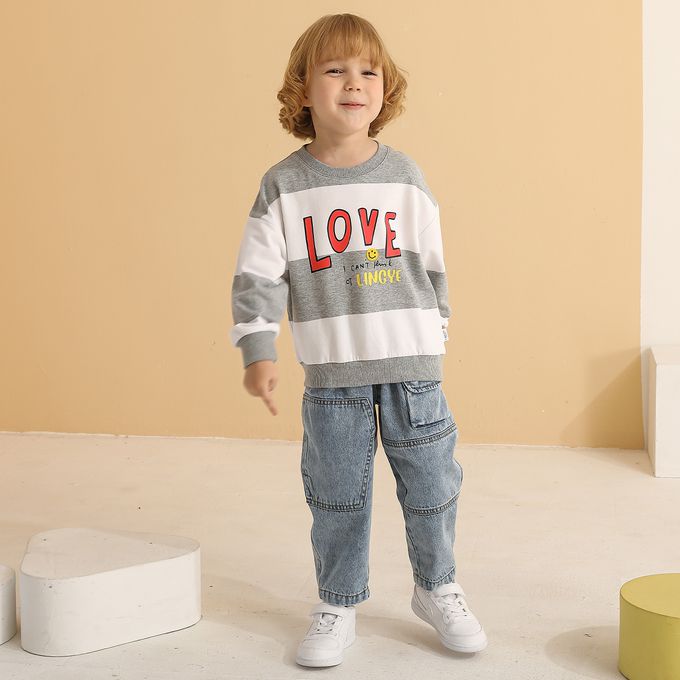 童趣圓領條紋長袖上衣-LOVE-灰色