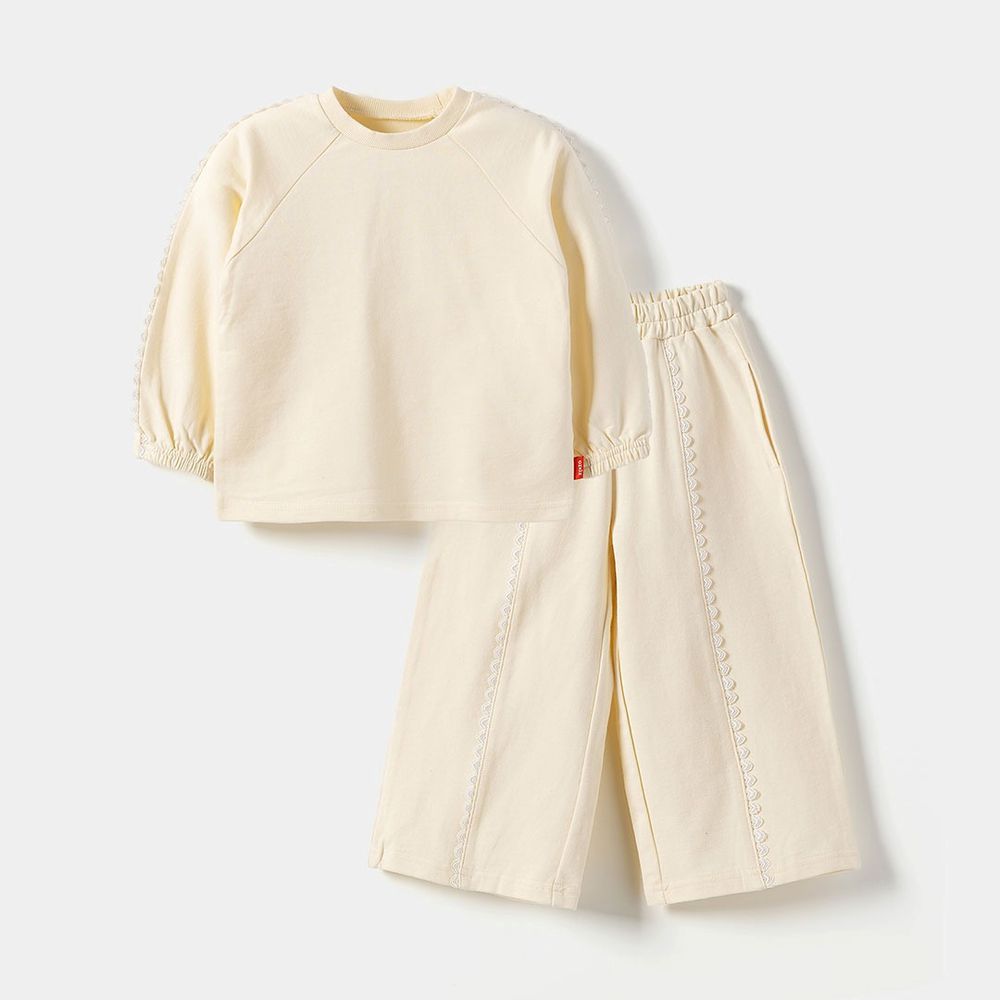 蕾絲繡鑲邊裝飾休閒長袖套裝-淺米黃