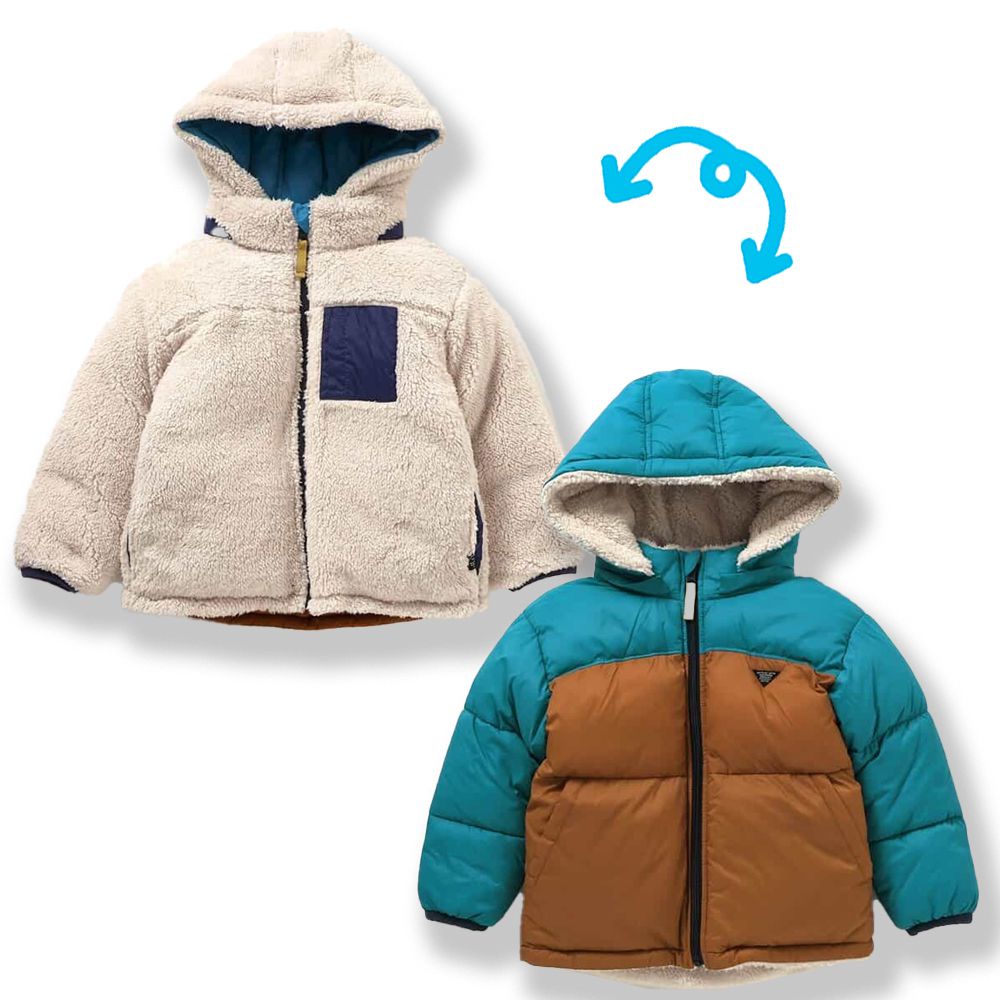 2WAY雙面穿 柔軟毛毛科技羽絨外套(帽可拆)-藍綠X棕