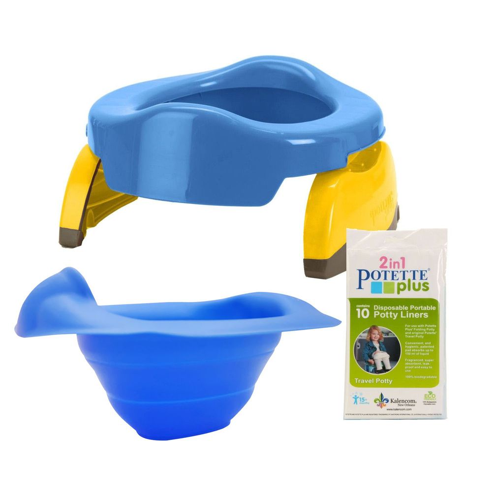 美國 Potette Plus - 可攜式馬桶-藍色+摺疊式家用防漏盆-藍色+拋棄式防漏袋10入裝)