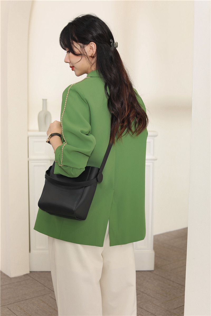 真皮復古歐美百搭單肩手提包/水桶包-杏+灰 (18x10x20cm)