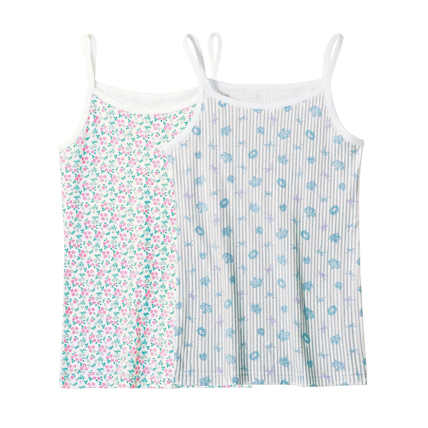 日本 Hummingchouchou - 100%棉 雙層布少女內搭/小可愛2件組-細肩帶款-水藍花朵x粉紫蝴蝶結