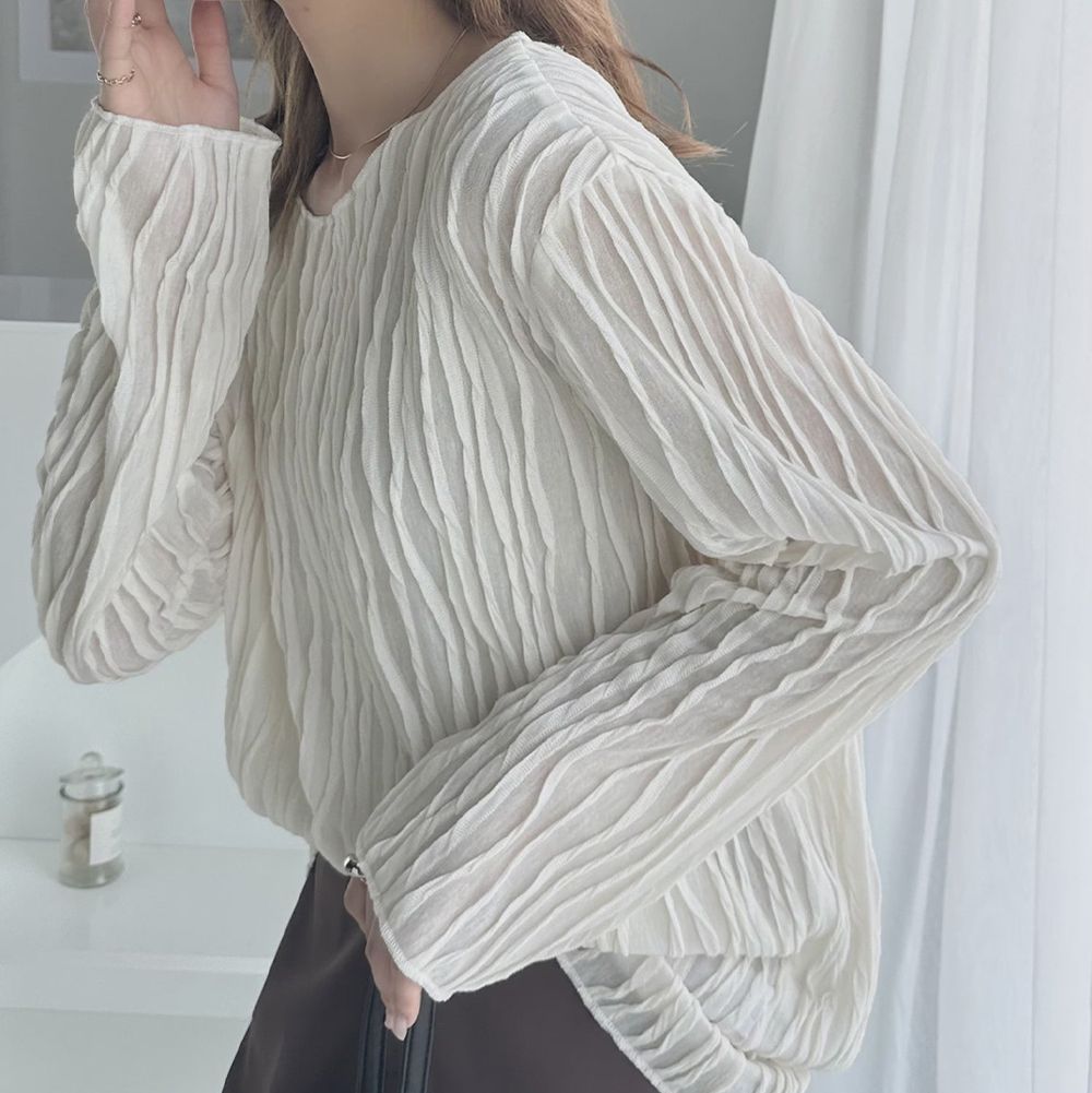 圓領波紋透感長袖上衣-象牙白