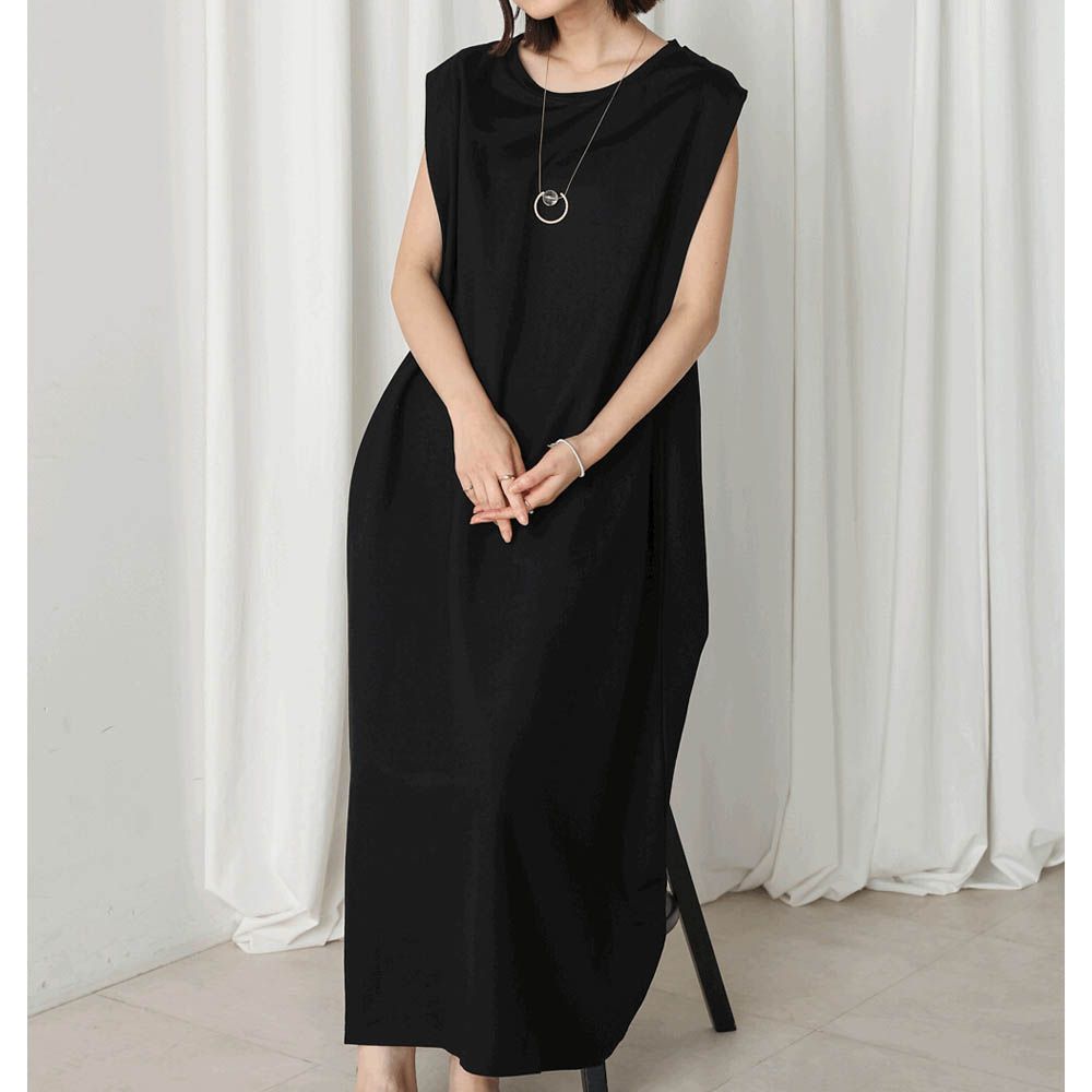透氣嫘縈肩皺摺A字無袖洋裝-黑