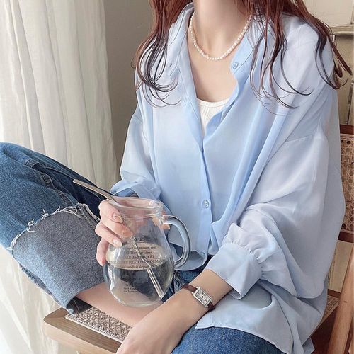 日本 GRL - 透膚感泡泡袖薄長袖襯衫-水藍 (F)