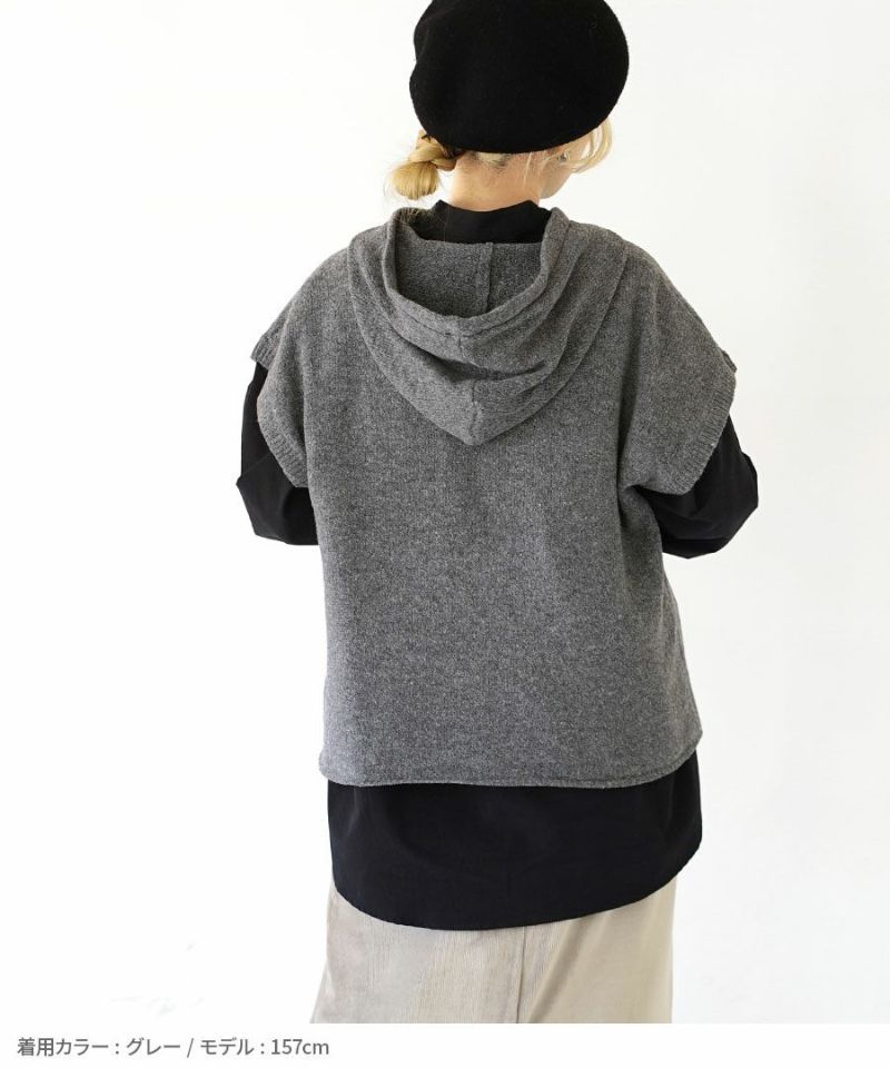 日本 zootie - 多層次穿搭 連帽針織短袖背心-摩卡 (M)