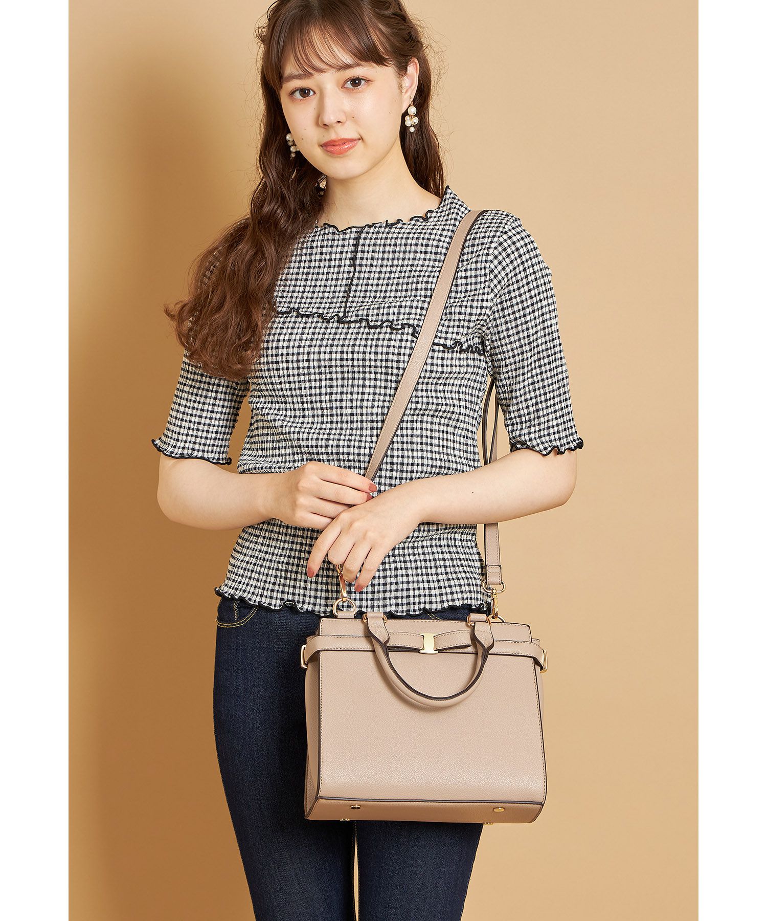 日本 tocco-closet - 蝴蝶結金釦手提包/側背包-氣質杏