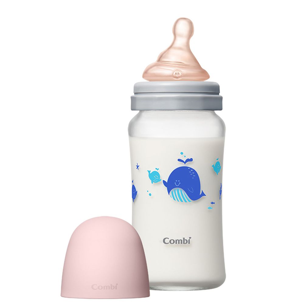 日本 Combi - 真實含乳寬口奶瓶-玻璃-粉 ((2-3m+))-240ml