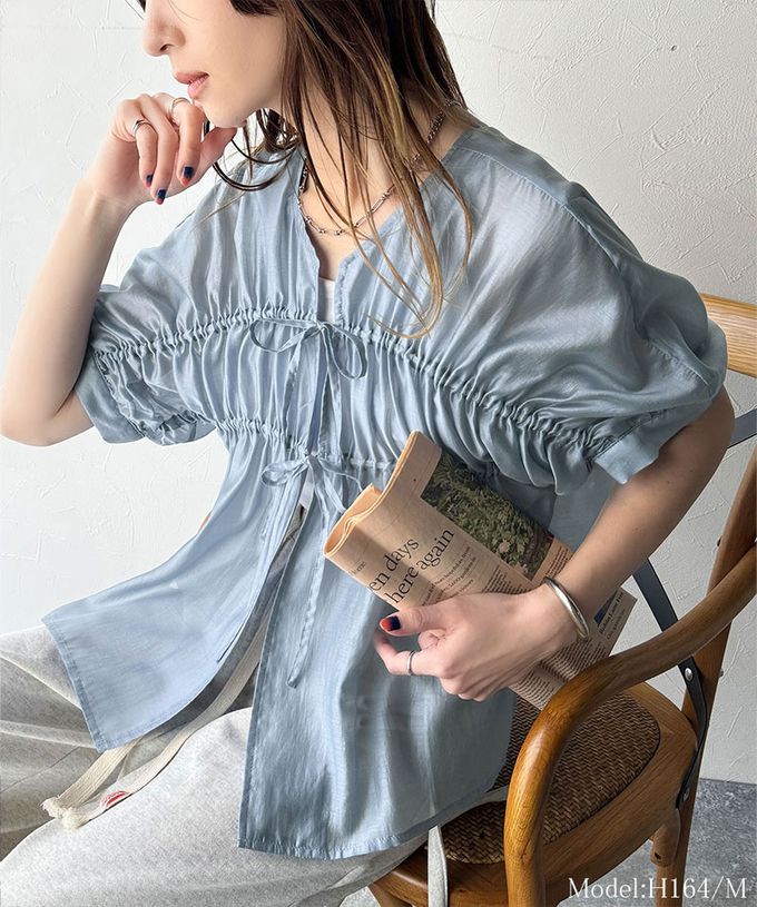 日本 Classical Elf - 前後2way皺折綁帶輕透罩衫上衣-淺藍