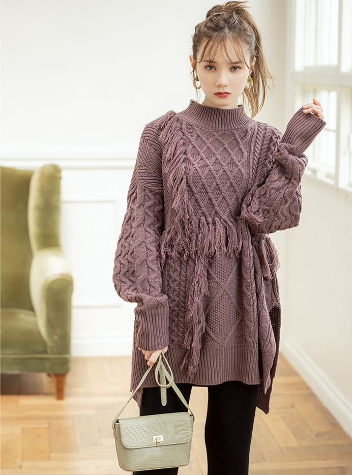 日本 GRL - 流蘇麻花針織毛衣-白