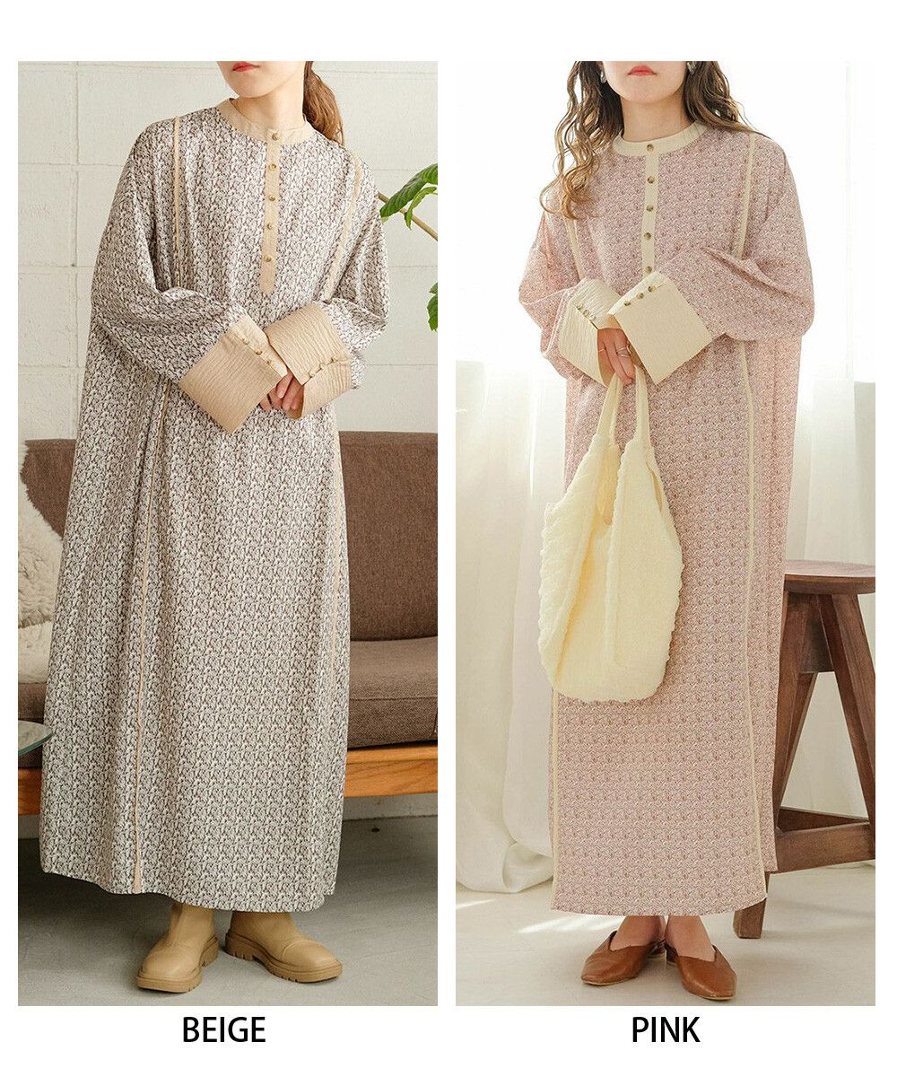 日本 Bab - 歐風碎花圓領雪紡洋裝-春日粉