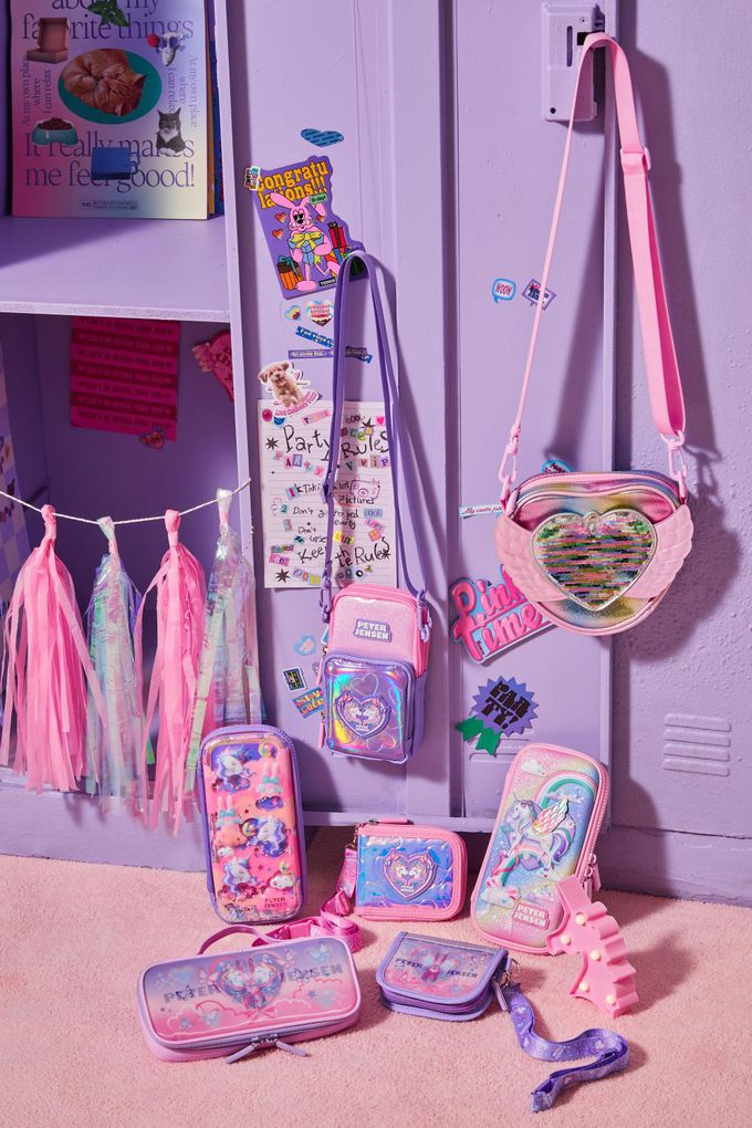 韓國 PETER JENSEN - 愛心獨角獸多夾層輕便斜背包-粉X紫 (10x18.5x4cm)