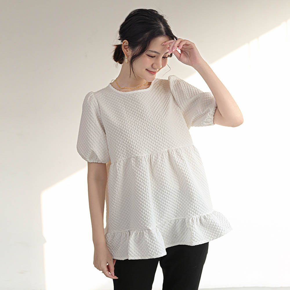 甜美減齡荷葉邊泡泡袖上衣-白色