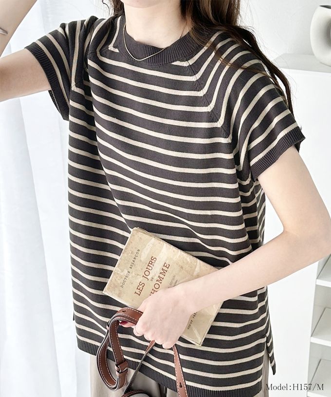 日本 Classical Elf - 定番條紋2way亨利領短袖上衣-摩卡