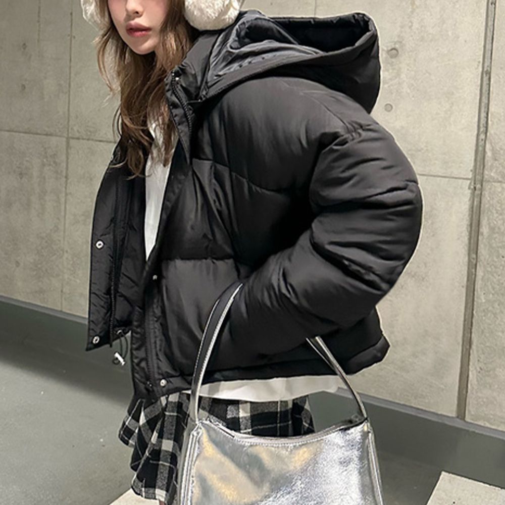 帥氣短版纖維羽絨保暖外套(帽可拆)-黑 (F)