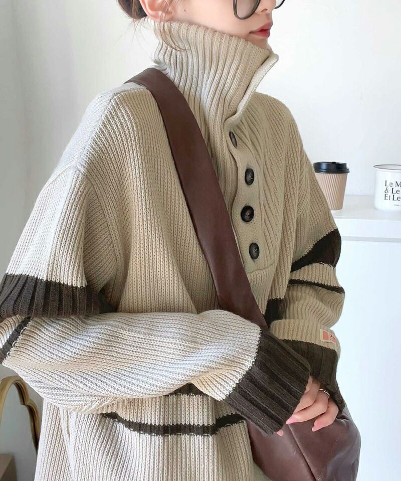 日本 Classical Elf - 排釦翻領撞色羅紋針織上衣-淺米x咖啡