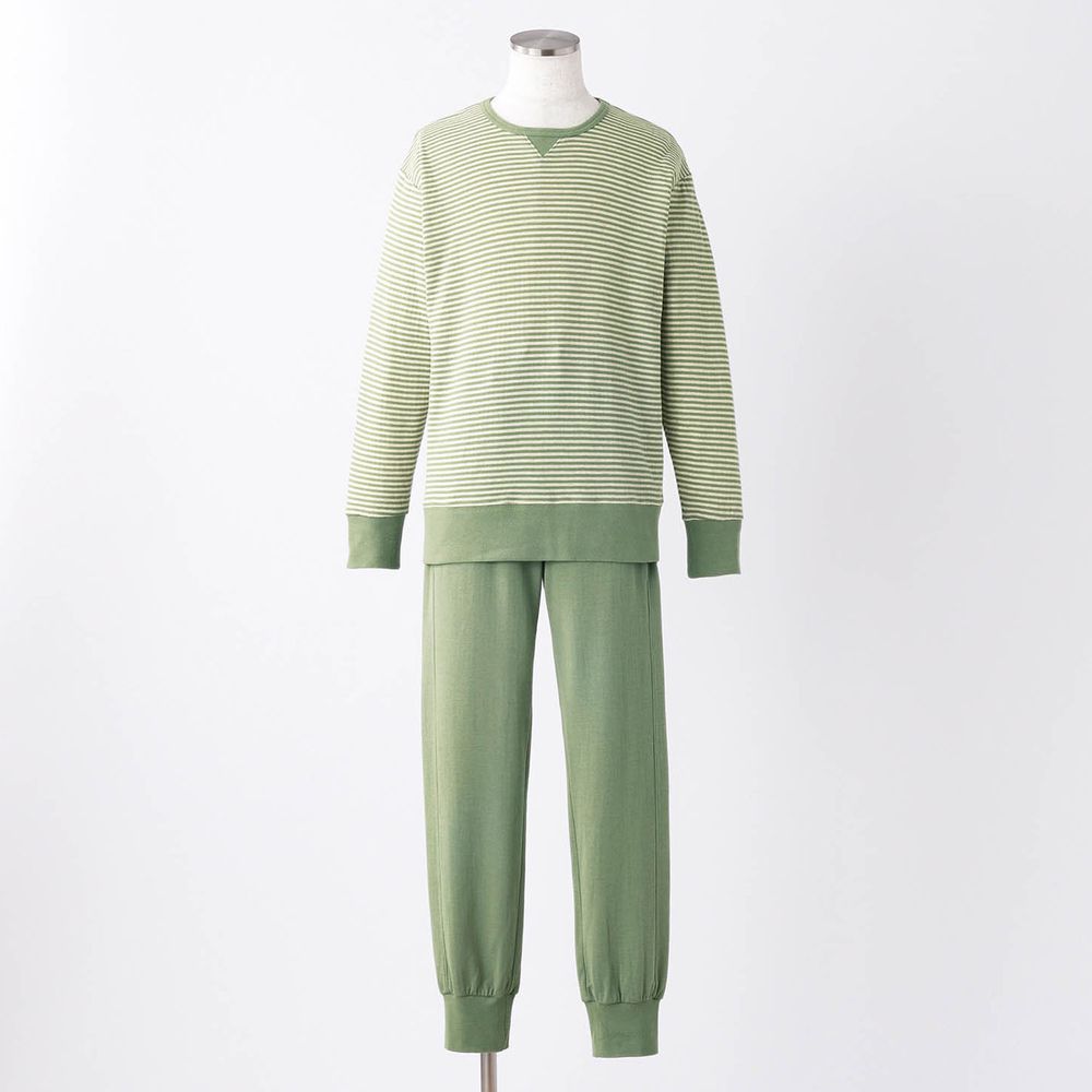 日本千趣會 - 100%純棉 (爸爸)發熱家居服/睡衣(背部加厚)-條紋-綠
