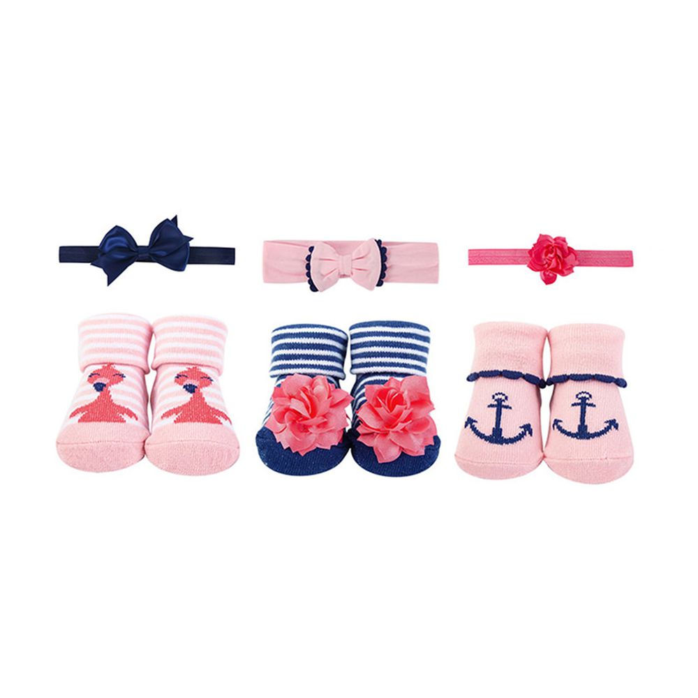 美國 Luvable Friends - 3入嬰幼兒髮飾+3入嬰兒襪/寶寶襪/初生襪禮盒組-藍粉線條