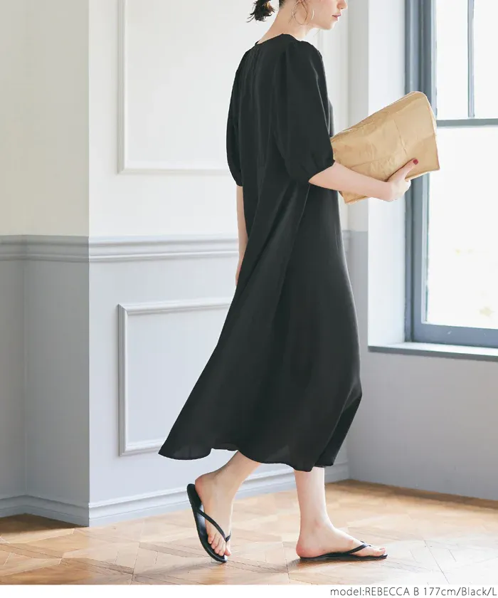 日本 COCA - 顯瘦V領收腰五分袖洋裝-米杏