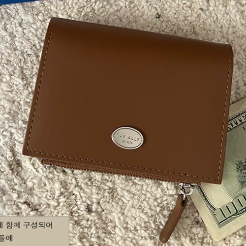 韓國 THEALLY - 牛皮對折短夾(含零錢袋)-焦糖咖