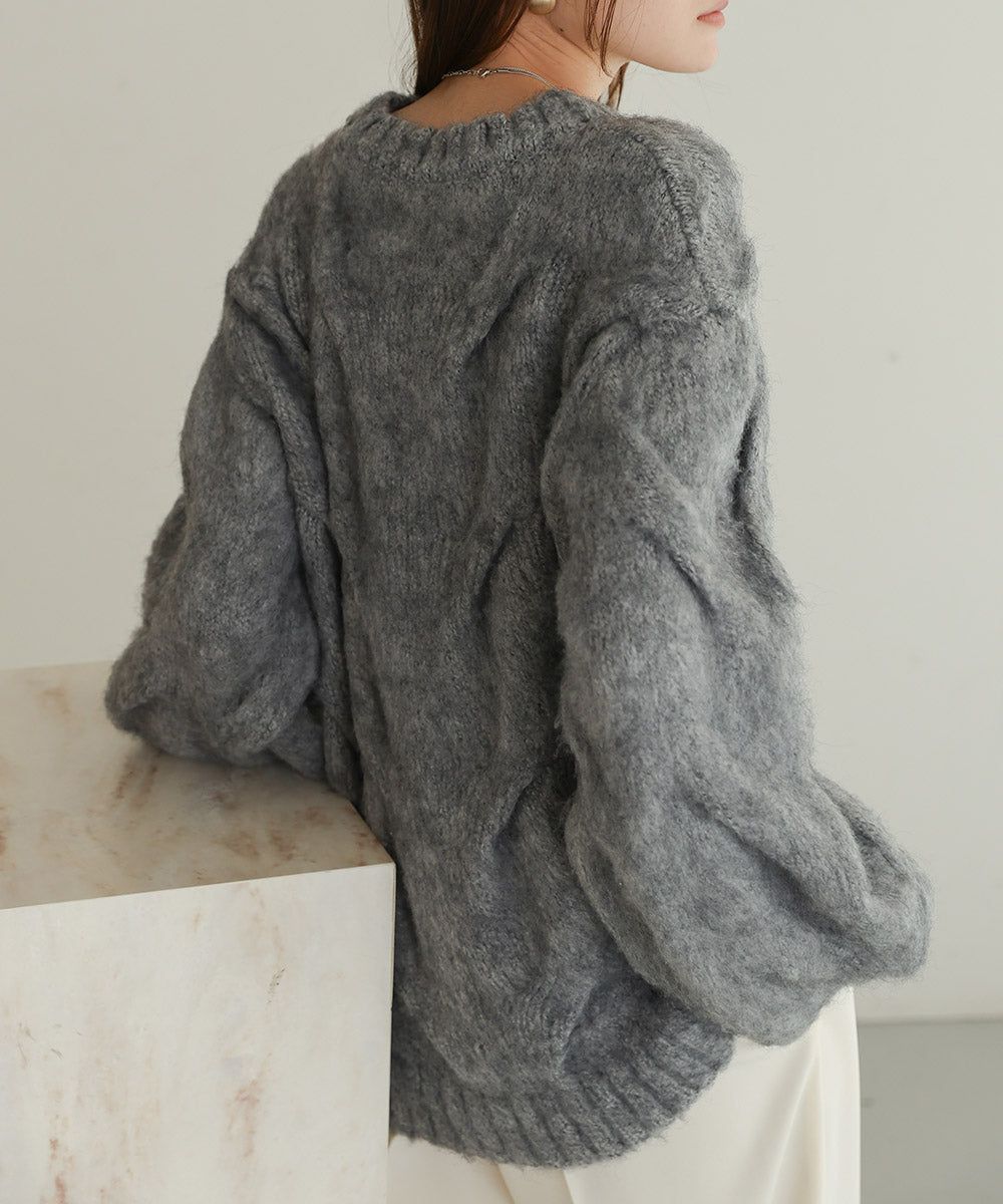 日本 Bab - 季節感立體麻花大寬袖針織上衣-深灰