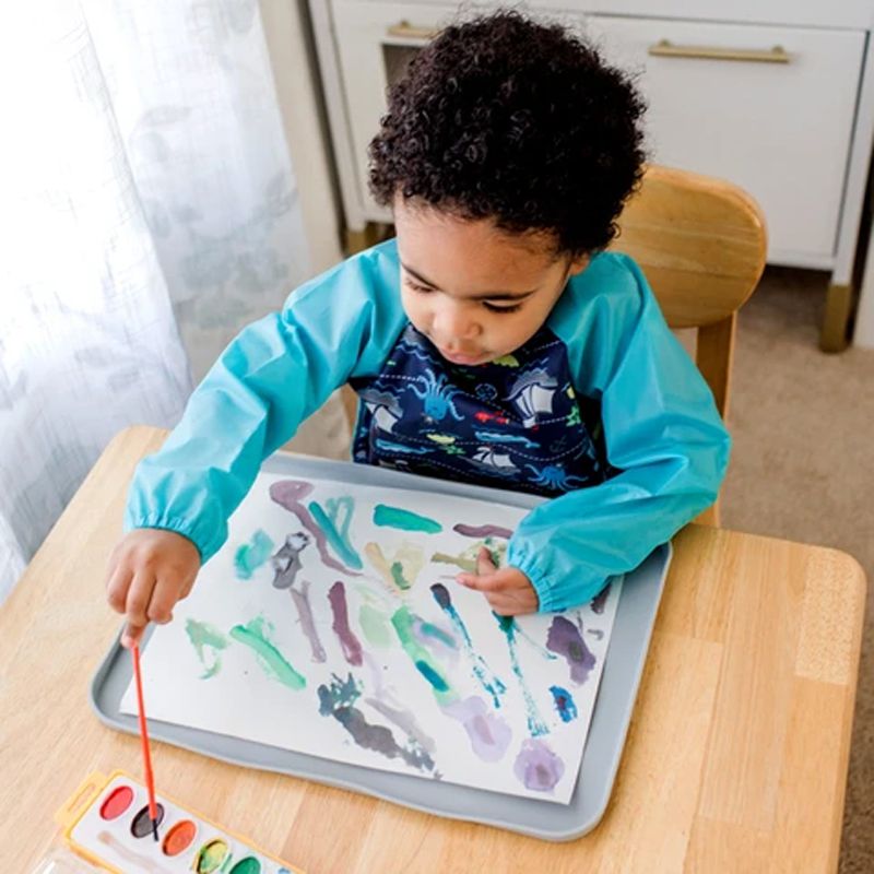 美國 green sprouts - 小綠芽魔鬼氈雙面防水/防食物掉落長袖圍兜單入組-海洋世界