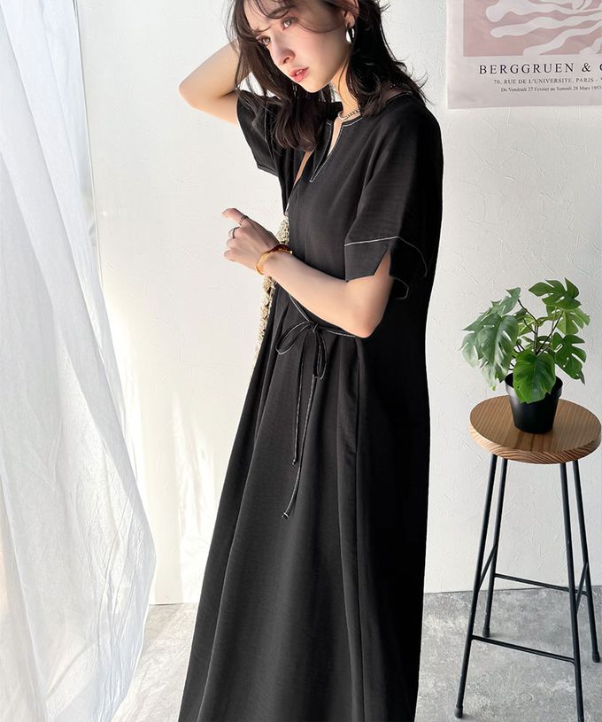 日本 Classical Elf - 鑰匙領綁帶休閒感縫線短袖洋裝-咖啡