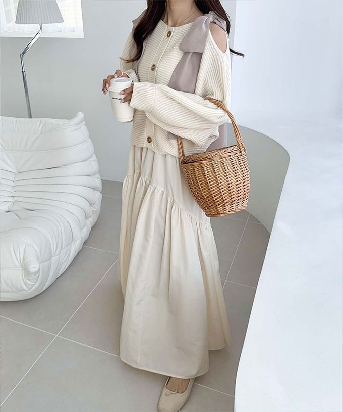 日本 Classical Elf - mily bilet 露肩甜美大蝴蝶結羅紋開襟衫-藕粉