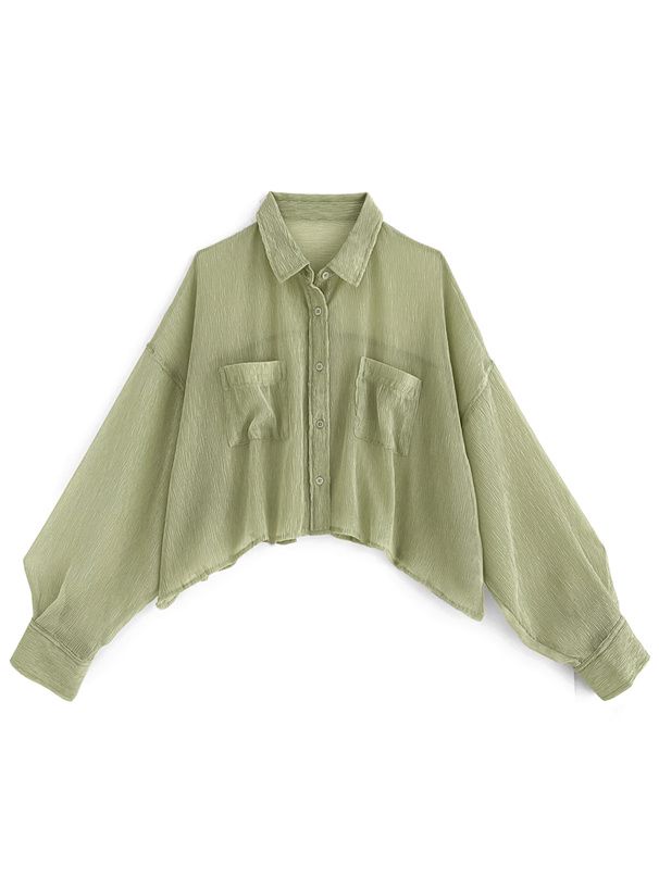 日本 GRL - 透明感楊柳短版長袖襯衫-象牙杏 (F)