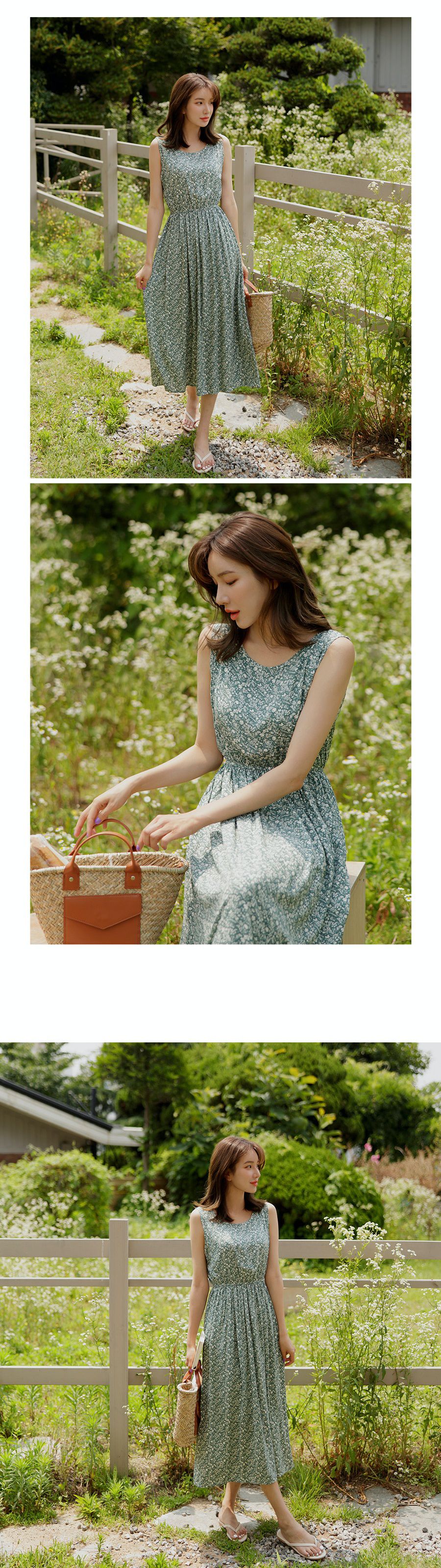 韓國 Urbantheroom - 單色碎花無袖縮腰長洋裝-藍 (Free)