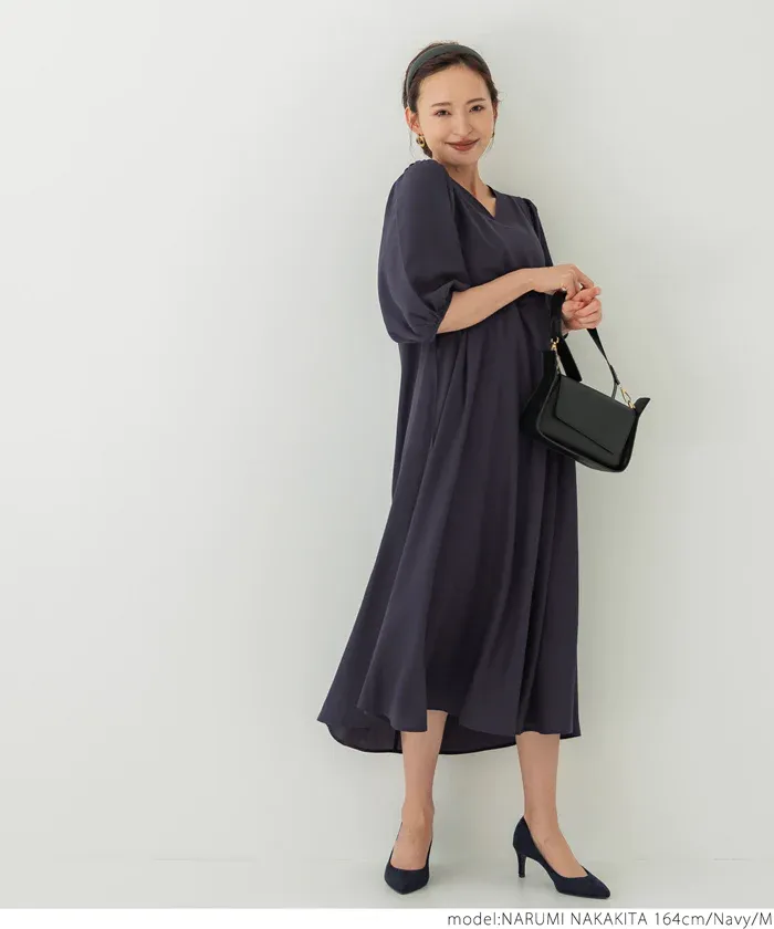 日本 COCA - 顯瘦V領收腰五分袖洋裝-米杏