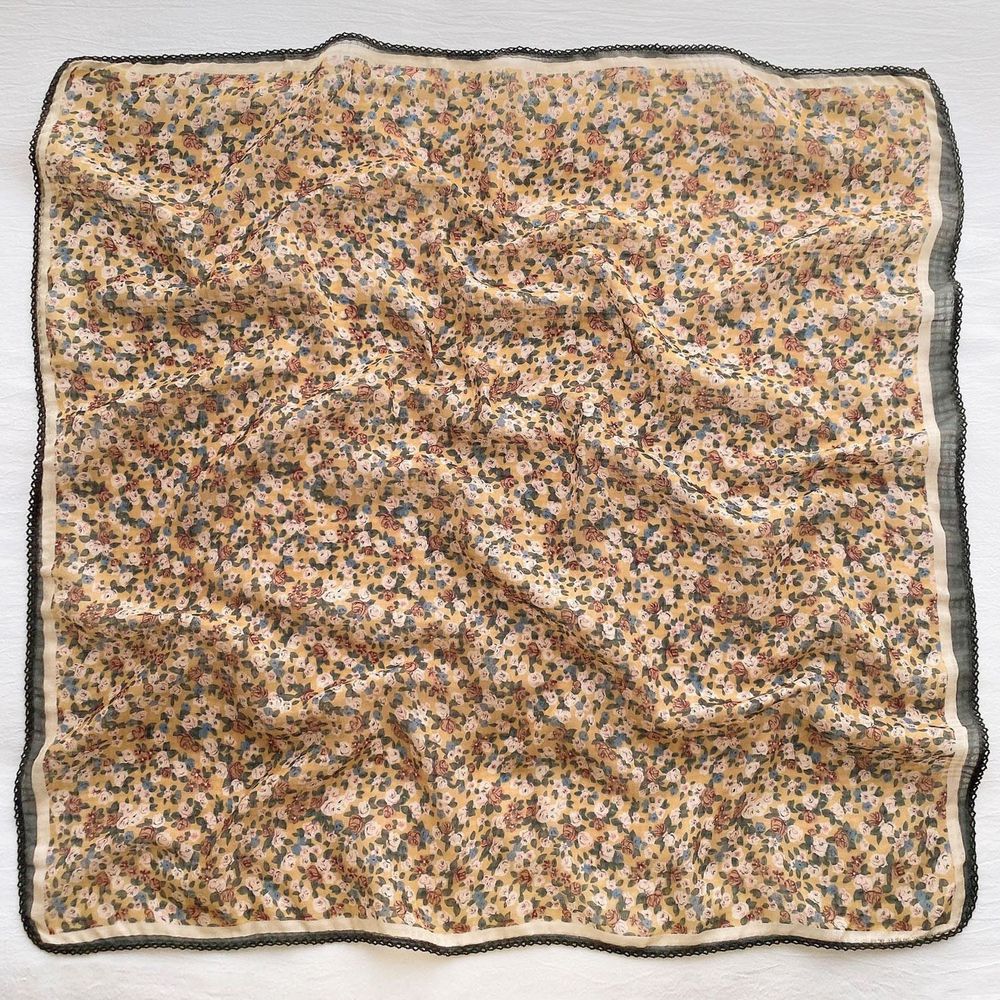 法式棉麻披肩方巾-玫瑰花-黃色 (90x90cm)