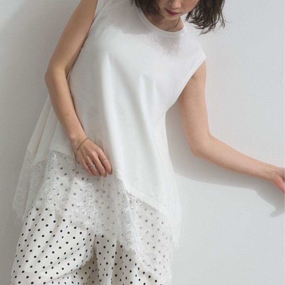 不規則蕾絲下擺俐落感無袖上衣-白